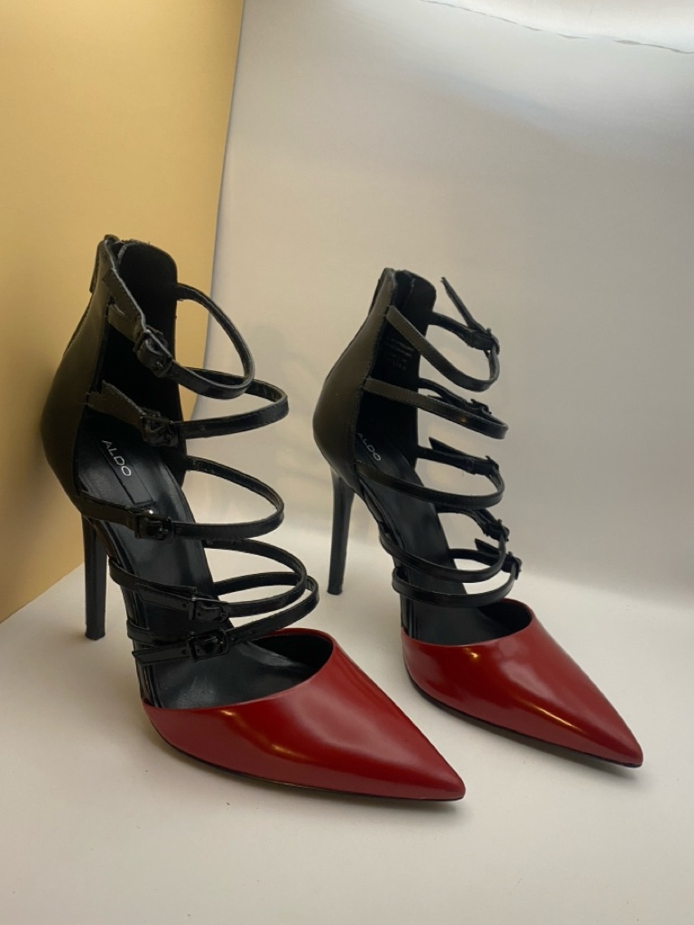 ALDO Kieu Red & Black Cage Heels Size 7